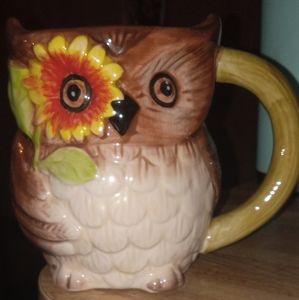 Pier One hand painted 3D Owl 16oz coffee cup or large pen holder